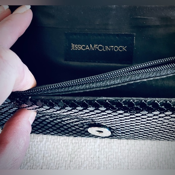 Jessica McClintock Sparkling Black Evening Clutch with Silver Chain - Picture 2 of 8